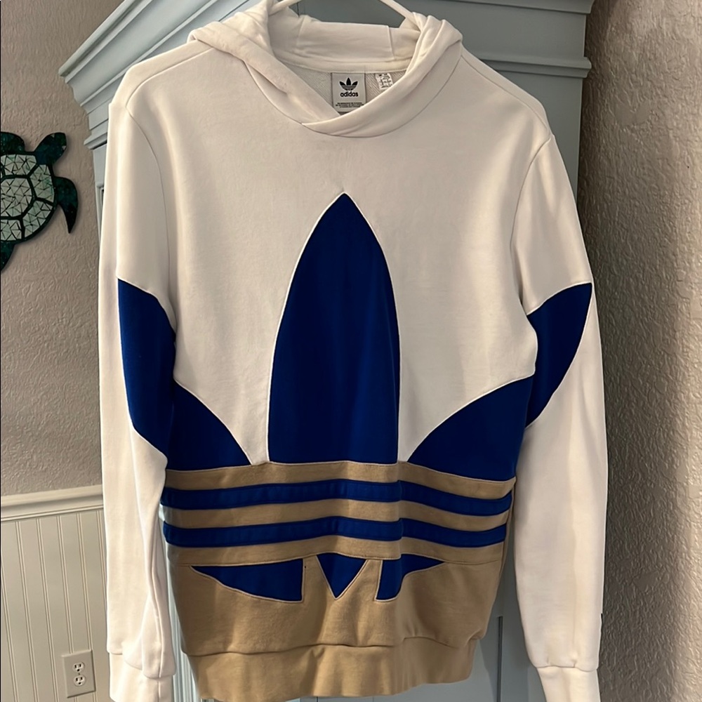 adidas White and Blue Hoodie with Trefoil Logo